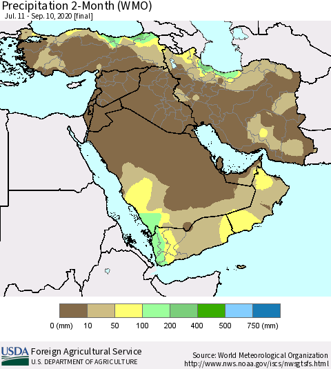 Middle East and Turkey Precipitation 2-Month (WMO) Thematic Map For 7/11/2020 - 9/10/2020