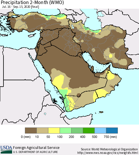 Middle East and Turkey Precipitation 2-Month (WMO) Thematic Map For 7/16/2020 - 9/15/2020