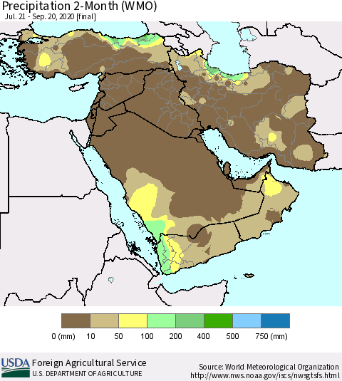 Middle East and Turkey Precipitation 2-Month (WMO) Thematic Map For 7/21/2020 - 9/20/2020