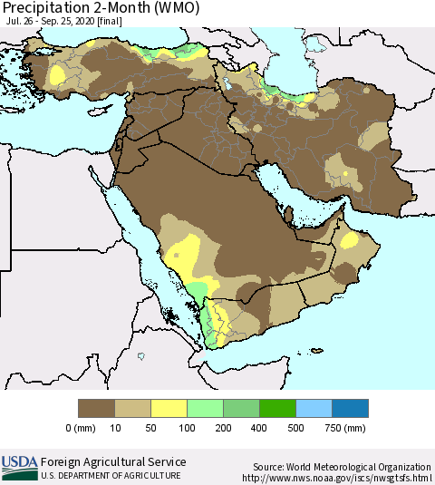 Middle East and Turkey Precipitation 2-Month (WMO) Thematic Map For 7/26/2020 - 9/25/2020