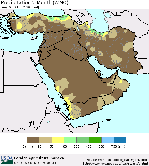 Middle East and Turkey Precipitation 2-Month (WMO) Thematic Map For 8/6/2020 - 10/5/2020
