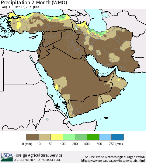 Middle East and Turkey Precipitation 2-Month (WMO) Thematic Map For 8/16/2020 - 10/15/2020