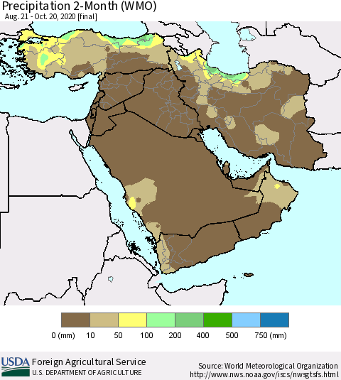 Middle East and Turkey Precipitation 2-Month (WMO) Thematic Map For 8/21/2020 - 10/20/2020