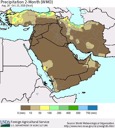 Middle East and Turkey Precipitation 2-Month (WMO) Thematic Map For 8/26/2020 - 10/25/2020