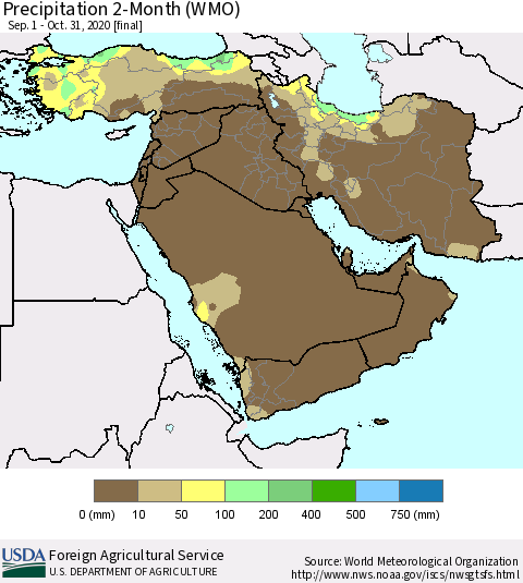 Middle East and Turkey Precipitation 2-Month (WMO) Thematic Map For 9/1/2020 - 10/31/2020