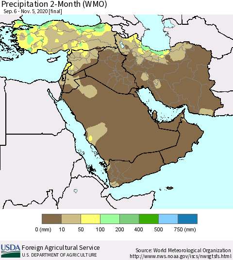 Middle East and Turkey Precipitation 2-Month (WMO) Thematic Map For 9/6/2020 - 11/5/2020