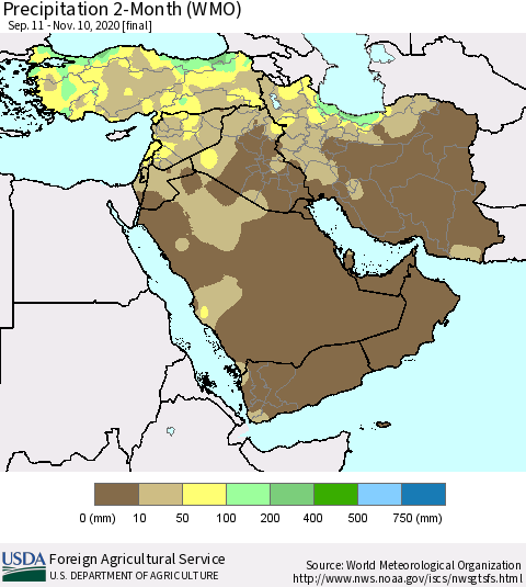 Middle East and Turkey Precipitation 2-Month (WMO) Thematic Map For 9/11/2020 - 11/10/2020