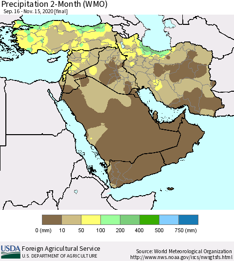 Middle East and Turkey Precipitation 2-Month (WMO) Thematic Map For 9/16/2020 - 11/15/2020