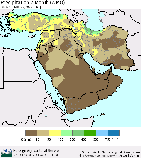 Middle East and Turkey Precipitation 2-Month (WMO) Thematic Map For 9/21/2020 - 11/20/2020