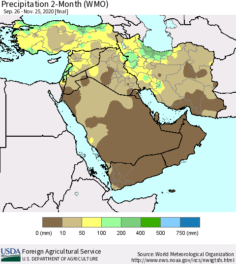 Middle East and Turkey Precipitation 2-Month (WMO) Thematic Map For 9/26/2020 - 11/25/2020