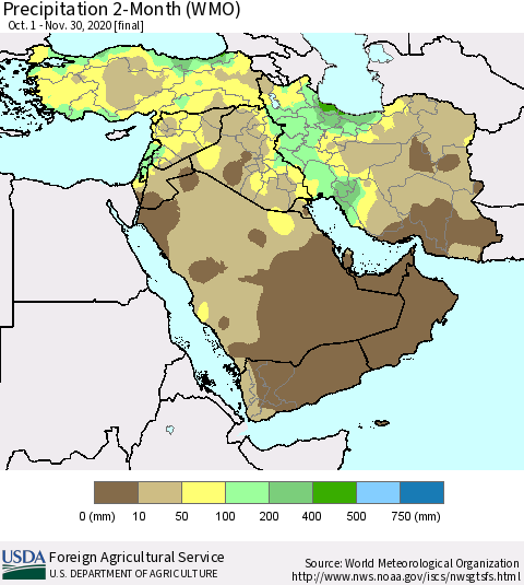 Middle East and Turkey Precipitation 2-Month (WMO) Thematic Map For 10/1/2020 - 11/30/2020