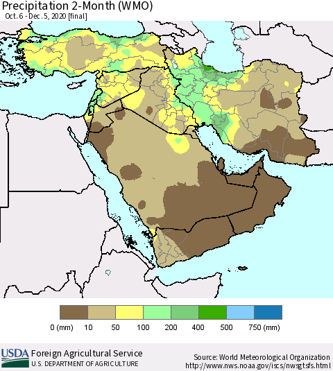 Middle East and Turkey Precipitation 2-Month (WMO) Thematic Map For 10/6/2020 - 12/5/2020