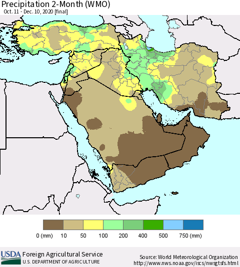 Middle East and Turkey Precipitation 2-Month (WMO) Thematic Map For 10/11/2020 - 12/10/2020