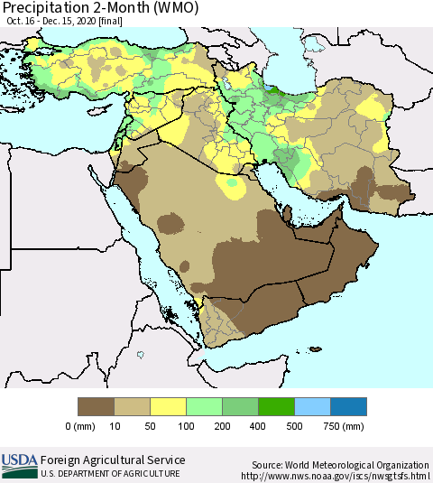 Middle East and Turkey Precipitation 2-Month (WMO) Thematic Map For 10/16/2020 - 12/15/2020