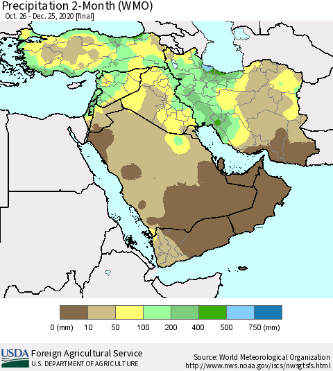 Middle East and Turkey Precipitation 2-Month (WMO) Thematic Map For 10/26/2020 - 12/25/2020