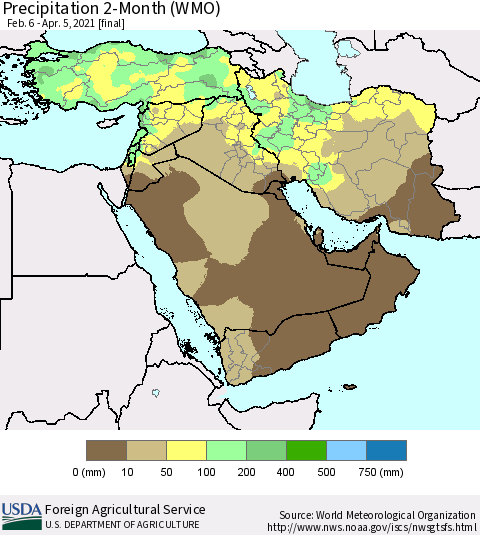 Middle East and Turkey Precipitation 2-Month (WMO) Thematic Map For 2/6/2021 - 4/5/2021