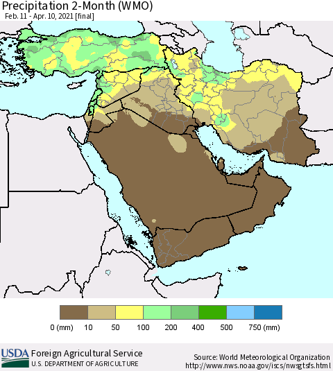 Middle East and Turkey Precipitation 2-Month (WMO) Thematic Map For 2/11/2021 - 4/10/2021