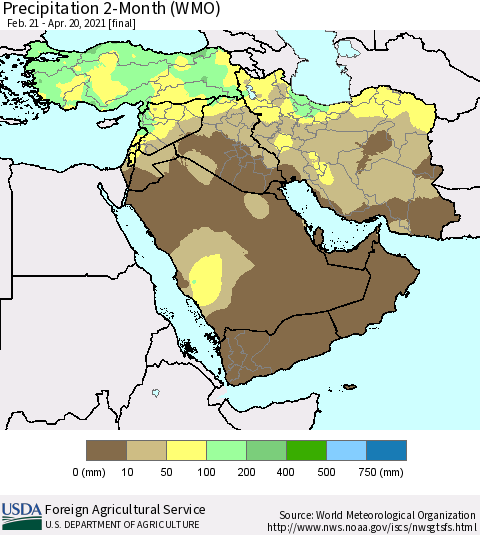 Middle East and Turkey Precipitation 2-Month (WMO) Thematic Map For 2/21/2021 - 4/20/2021