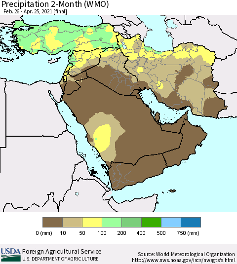 Middle East and Turkey Precipitation 2-Month (WMO) Thematic Map For 2/26/2021 - 4/25/2021