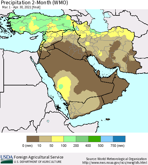 Middle East and Turkey Precipitation 2-Month (WMO) Thematic Map For 3/1/2021 - 4/30/2021