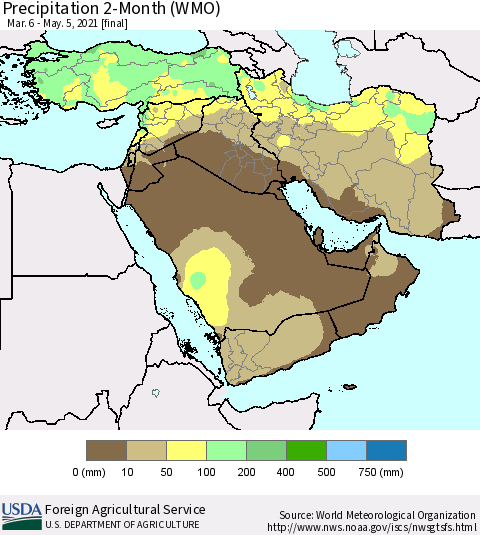 Middle East and Turkey Precipitation 2-Month (WMO) Thematic Map For 3/6/2021 - 5/5/2021
