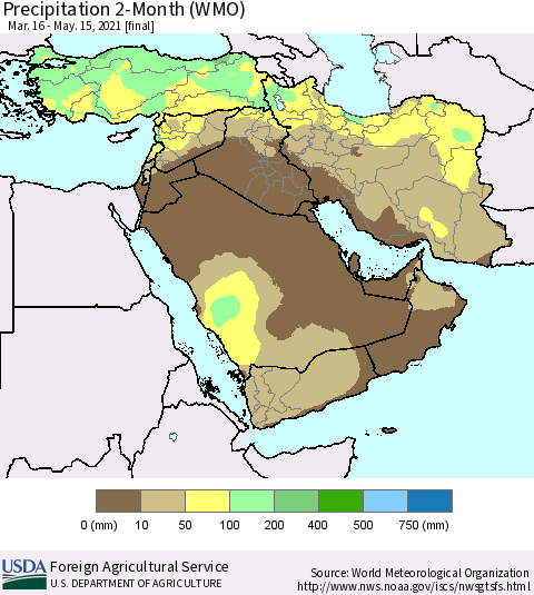 Middle East and Turkey Precipitation 2-Month (WMO) Thematic Map For 3/16/2021 - 5/15/2021