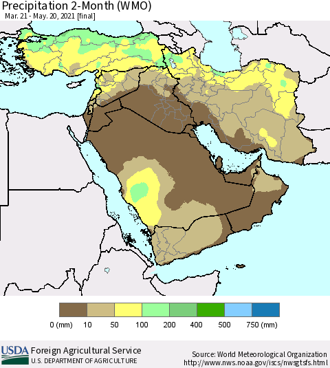 Middle East and Turkey Precipitation 2-Month (WMO) Thematic Map For 3/21/2021 - 5/20/2021
