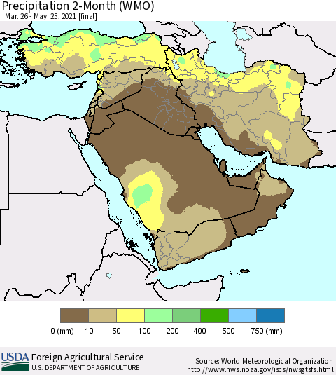 Middle East and Turkey Precipitation 2-Month (WMO) Thematic Map For 3/26/2021 - 5/25/2021