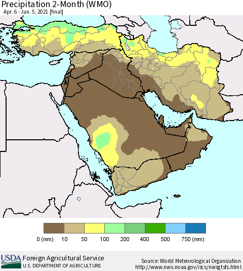 Middle East and Turkey Precipitation 2-Month (WMO) Thematic Map For 4/6/2021 - 6/5/2021