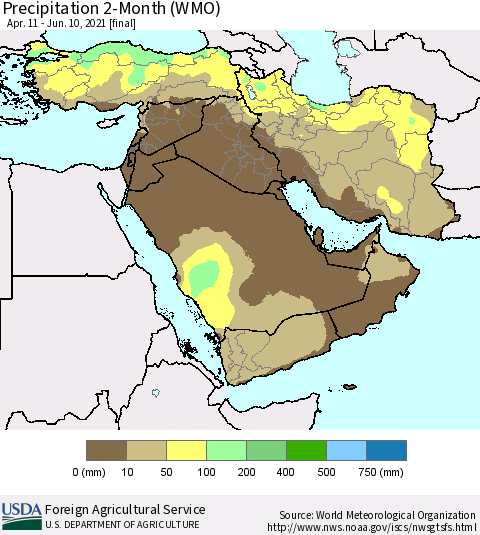 Middle East and Turkey Precipitation 2-Month (WMO) Thematic Map For 4/11/2021 - 6/10/2021