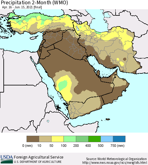 Middle East and Turkey Precipitation 2-Month (WMO) Thematic Map For 4/16/2021 - 6/15/2021