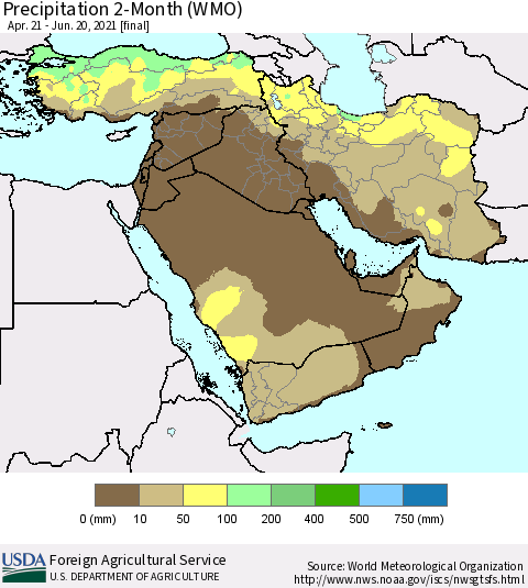 Middle East and Turkey Precipitation 2-Month (WMO) Thematic Map For 4/21/2021 - 6/20/2021