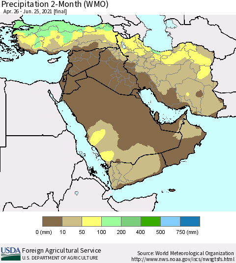 Middle East and Turkey Precipitation 2-Month (WMO) Thematic Map For 4/26/2021 - 6/25/2021