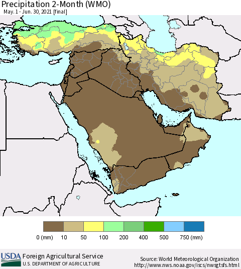 Middle East and Turkey Precipitation 2-Month (WMO) Thematic Map For 5/1/2021 - 6/30/2021