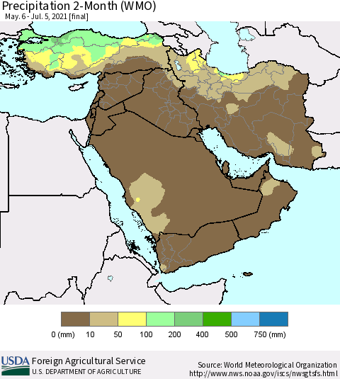 Middle East and Turkey Precipitation 2-Month (WMO) Thematic Map For 5/6/2021 - 7/5/2021