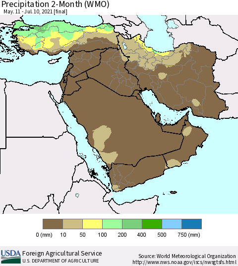 Middle East and Turkey Precipitation 2-Month (WMO) Thematic Map For 5/11/2021 - 7/10/2021