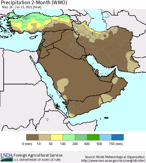 Middle East and Turkey Precipitation 2-Month (WMO) Thematic Map For 5/16/2021 - 7/15/2021