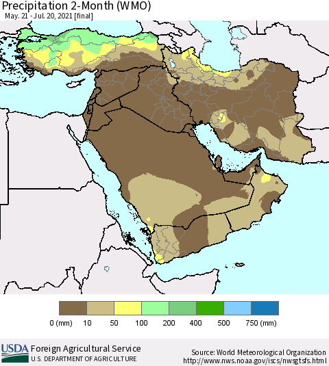 Middle East and Turkey Precipitation 2-Month (WMO) Thematic Map For 5/21/2021 - 7/20/2021
