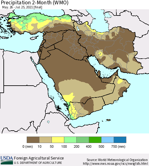 Middle East and Turkey Precipitation 2-Month (WMO) Thematic Map For 5/26/2021 - 7/25/2021