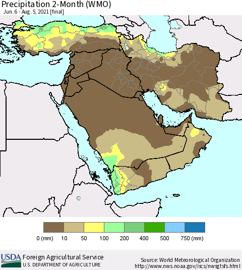 Middle East and Turkey Precipitation 2-Month (WMO) Thematic Map For 6/6/2021 - 8/5/2021