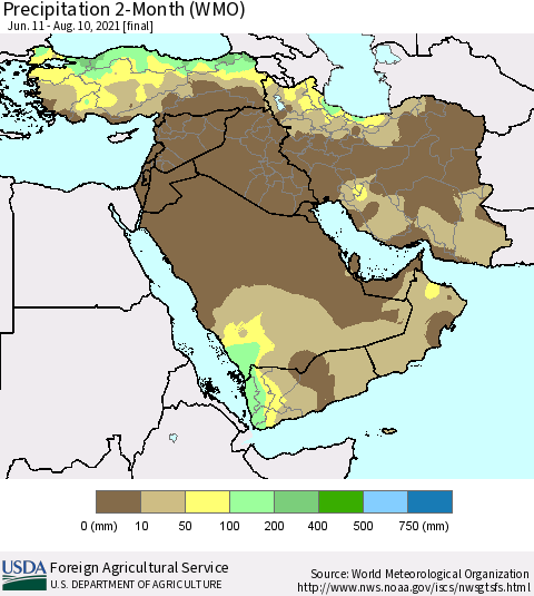 Middle East and Turkey Precipitation 2-Month (WMO) Thematic Map For 6/11/2021 - 8/10/2021