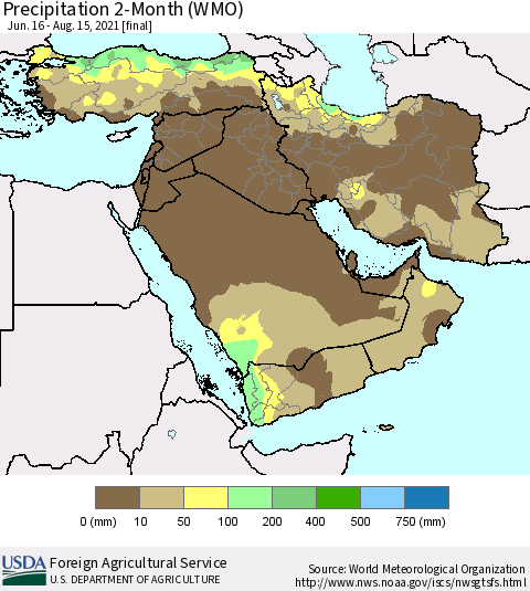 Middle East and Turkey Precipitation 2-Month (WMO) Thematic Map For 6/16/2021 - 8/15/2021