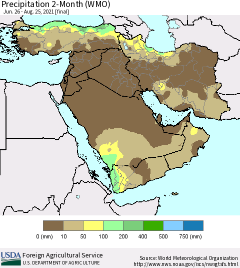 Middle East and Turkey Precipitation 2-Month (WMO) Thematic Map For 6/26/2021 - 8/25/2021