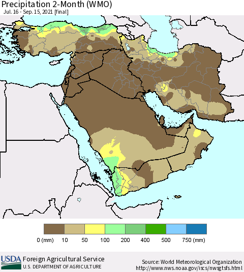 Middle East and Turkey Precipitation 2-Month (WMO) Thematic Map For 7/16/2021 - 9/15/2021