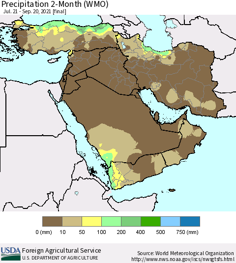 Middle East and Turkey Precipitation 2-Month (WMO) Thematic Map For 7/21/2021 - 9/20/2021