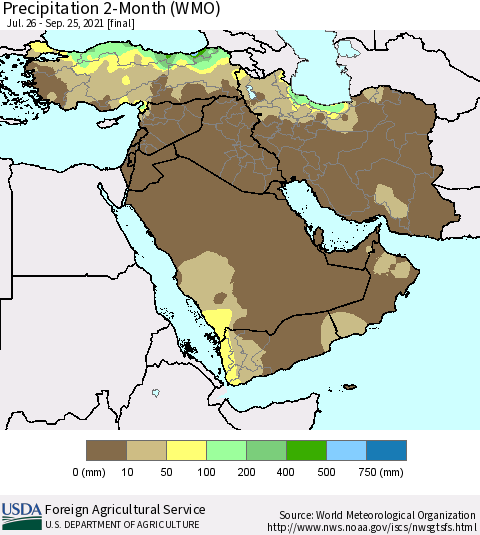Middle East and Turkey Precipitation 2-Month (WMO) Thematic Map For 7/26/2021 - 9/25/2021