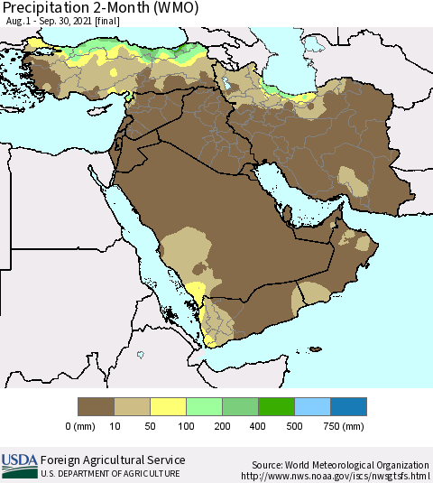 Middle East and Turkey Precipitation 2-Month (WMO) Thematic Map For 8/1/2021 - 9/30/2021