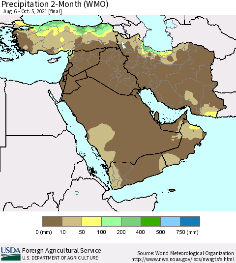 Middle East and Turkey Precipitation 2-Month (WMO) Thematic Map For 8/6/2021 - 10/5/2021