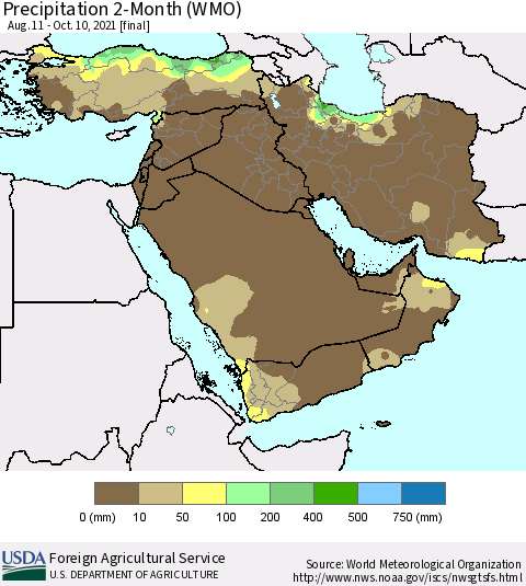 Middle East and Turkey Precipitation 2-Month (WMO) Thematic Map For 8/11/2021 - 10/10/2021
