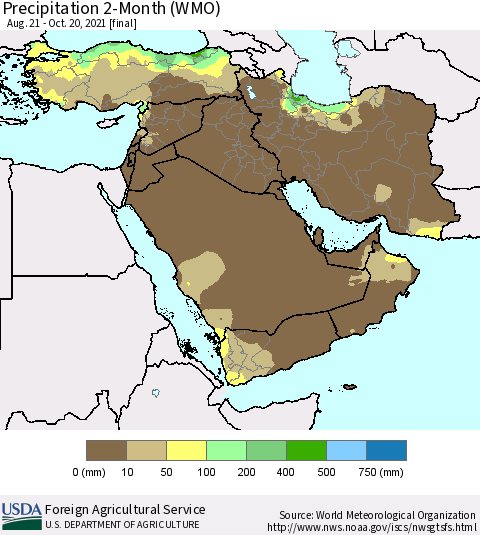 Middle East and Turkey Precipitation 2-Month (WMO) Thematic Map For 8/21/2021 - 10/20/2021